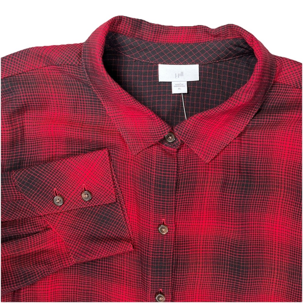 New J. Jill Blouse Women's‎ Sz XL Red Black Check Buffalo Plaid Rayon Shirt NWT